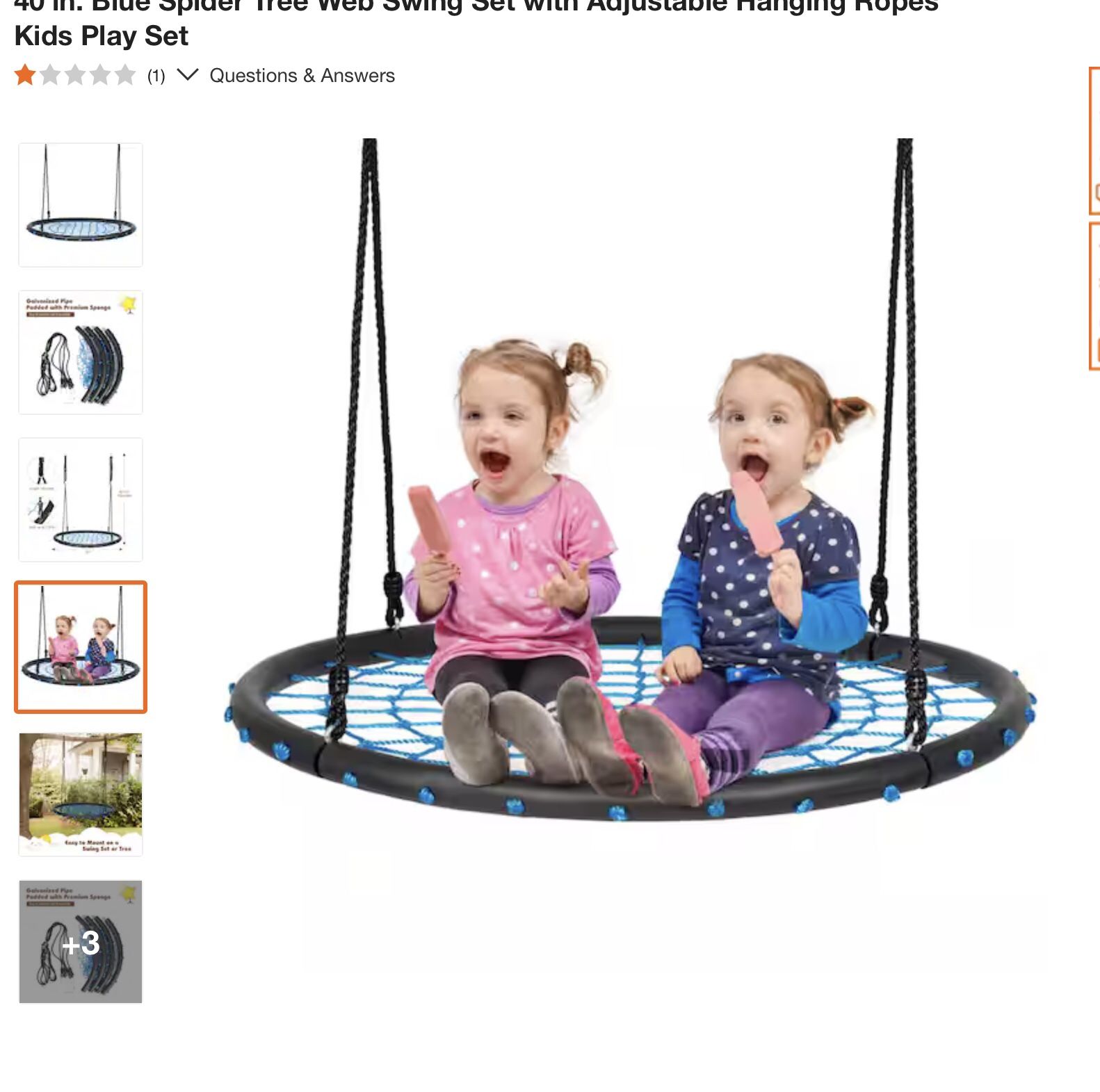 40 in. Blue Spider Tree Web Swing Set with Adjustable Hanging Ropes Kids Play Set