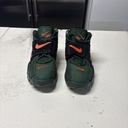 Nike Air Barrage Mid 'Super Bowl LIV' sneakers in a Fir green, orange, and black