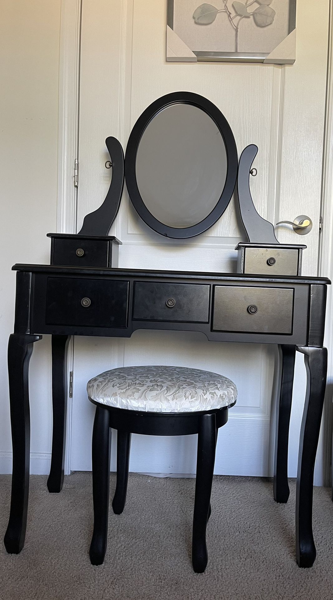 Black Vanity Set with Stool, Makeup Table with 5 Drawers & Mirror, Room Dresser