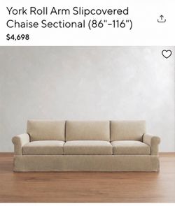 Large Pottery Barn Beige Slipcovered Sofa – York Roll Arm Style