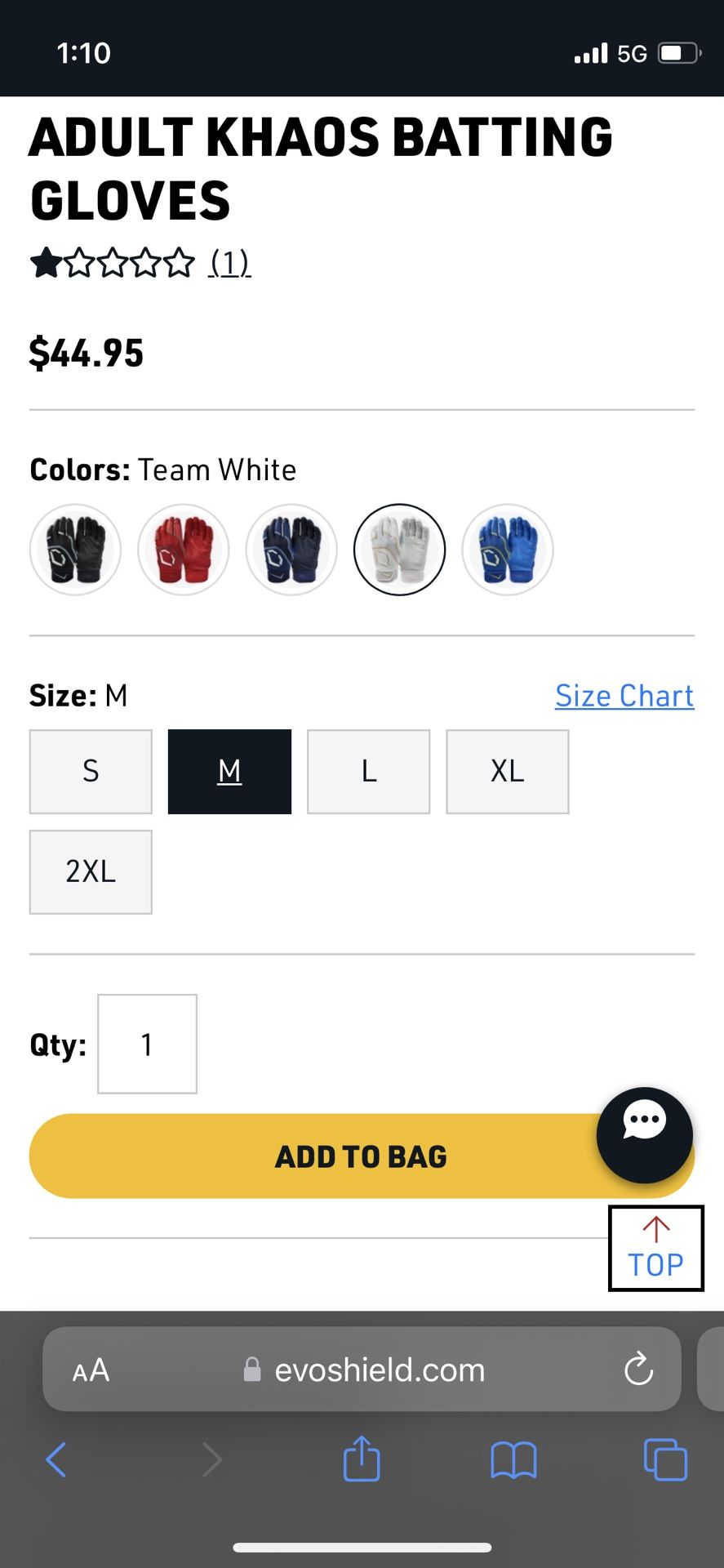 Evoshield Batting Gloves Youth Medium. One  pairs of batting gloves