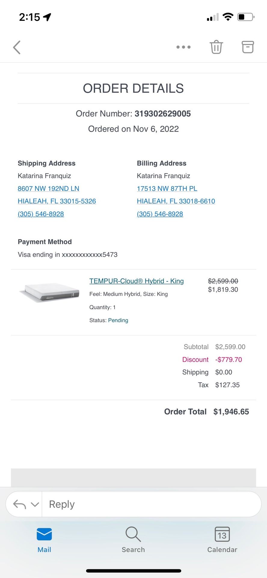 Tempur pedic bed