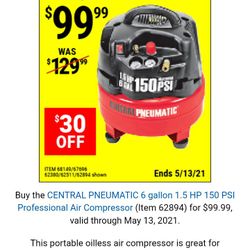 Central Pneumatic 6 Gallon 1.5 HP 150 psi Professional Air Compressor 