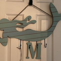 Hand-painted seafoam green and blue mermaid with the letter M and hooks