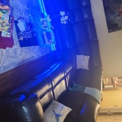 Blue Grey Leather Sectional Reliner With LeD, Bluetooth, Speakers Controls 