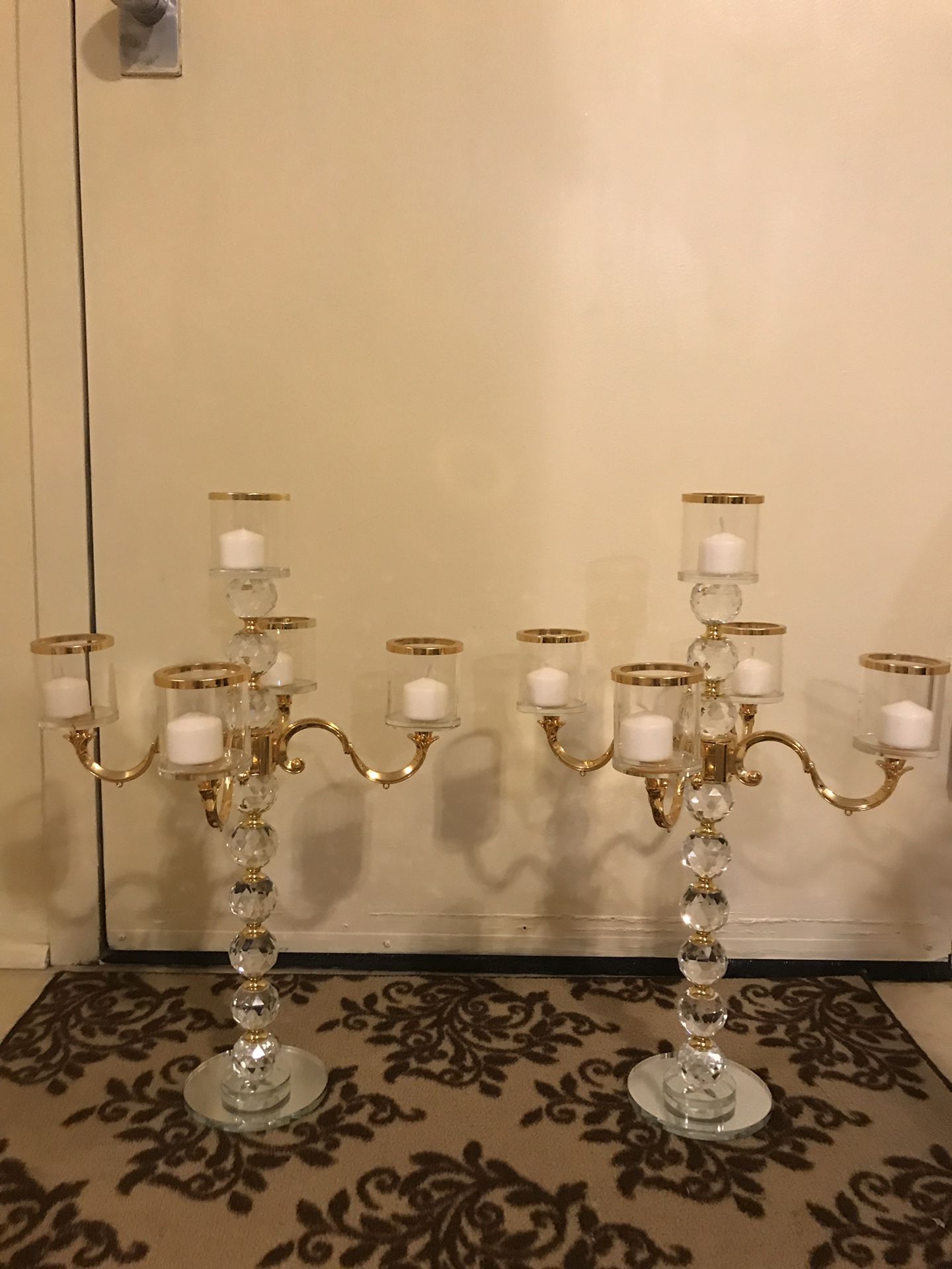 Brand new set of 2 crystal glass mirror gold trimmed stunning centerpiece candle holder check out my other listings on this page interested message me