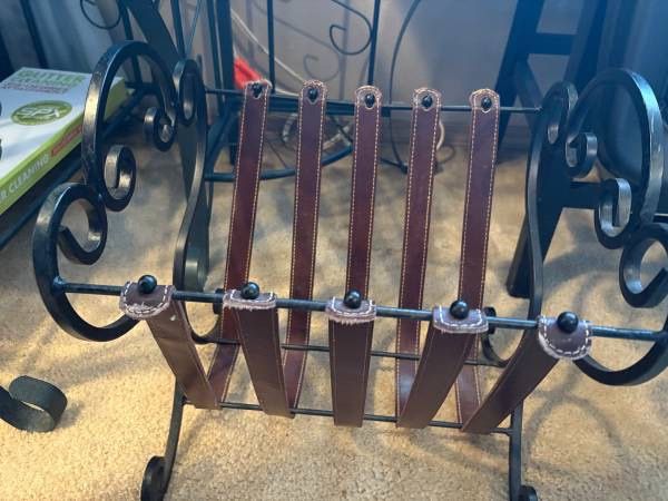 Magazine Rack Black Metal/Tan Leather 15"L x 14"D x 16.5"H