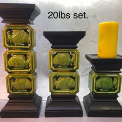 Set of (3) Vintage Stunning Chinese Pedestal Celadon Glazed Fish with Crackle Glaze Connected to Wooden Tiered Base and Top, 10”,14”& 17” tall. Vase/B