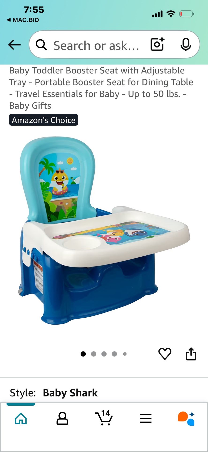 The First Years Pinkfong Baby Shark Mealtime Baby Toddler Booster Seat with Adjustable Tray - Portable Booster Seat for D