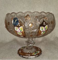 Vintage Czech Republic Crystal Heart Hand Cut Pedestal Bowl Gold Floral Enamel