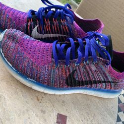 Men’s Nike Free RN Flyknit Running Sneakers Size 12, Lightweight, Cushioned Sole, Breathable Material In Multicolored Blues 