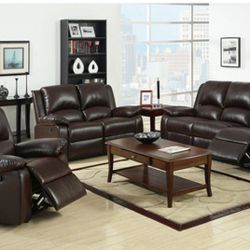 Brand New Rustic Brown Leather 3pc Reclining Sofa Set