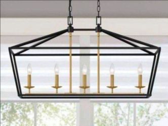 Home Decorators Collection Weyburn 5-Light Black and Gold Caged Rectangular Chandelier, Linear Farmhouse Light