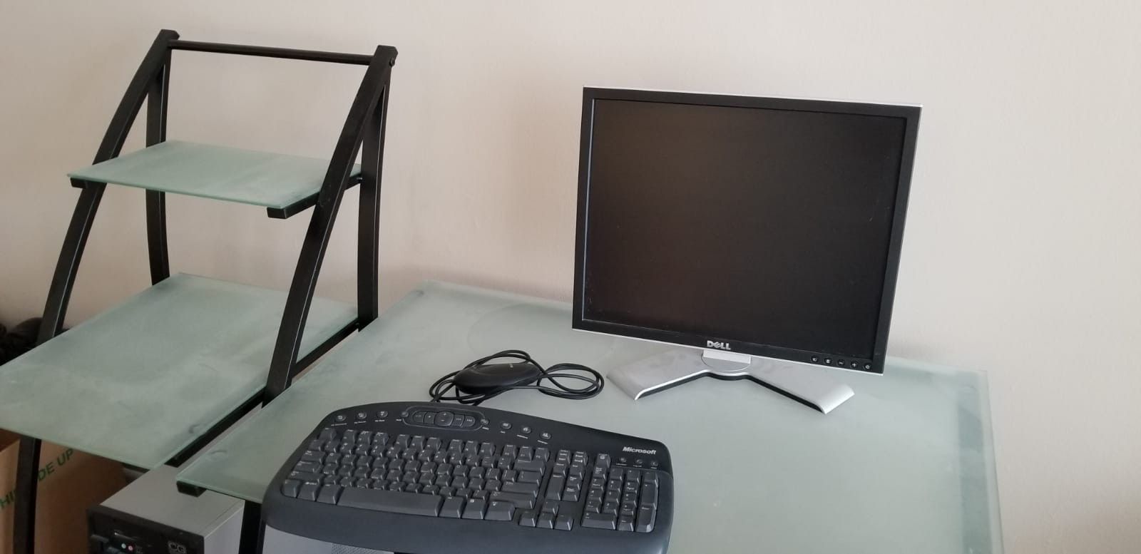 Desk, monitor, keyboard