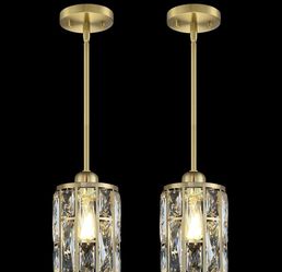 2 Pack 1 Light Hanging Kitchen Island Modern Concise 5.3" Crystal Pendant Light Fixture, Crystal Metal Chandelier Shade Gold Finish for Bar, Dining Ro