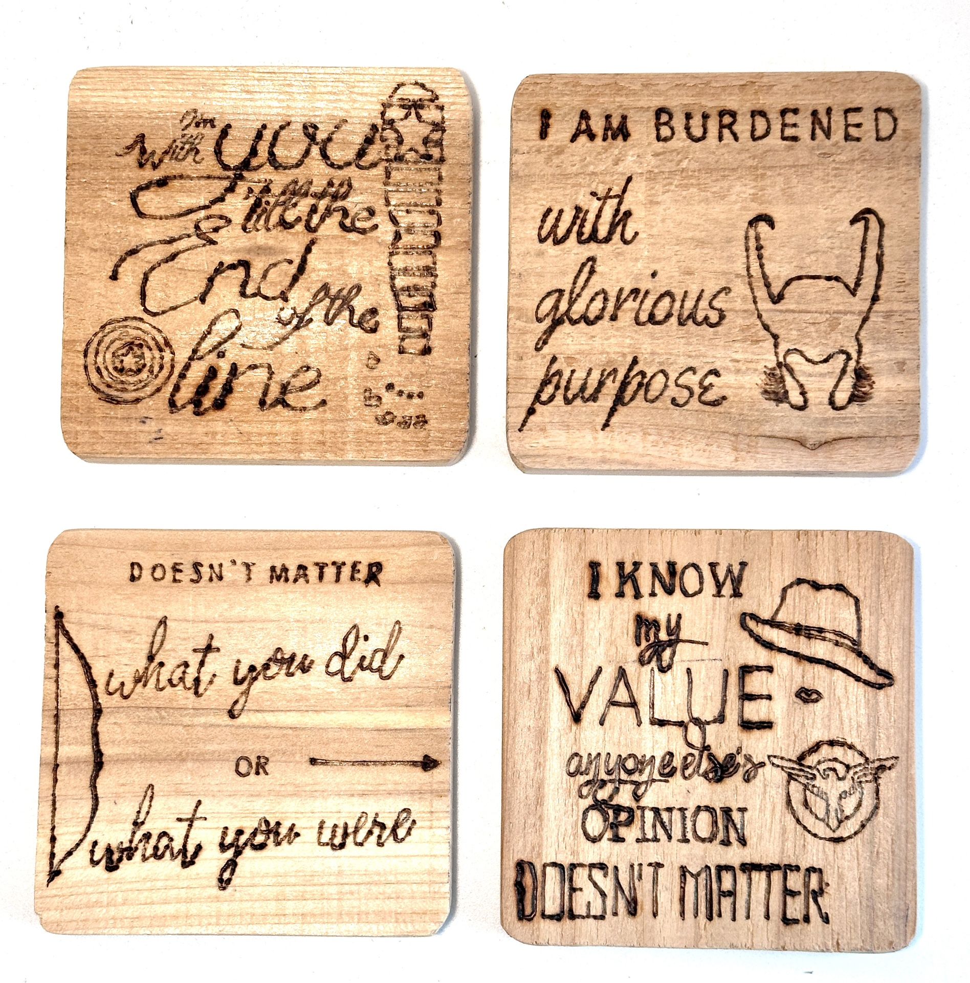 4 Handmade Laser-engraved Wooden Coasters with Avenger Quotes