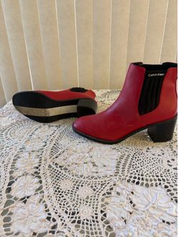 Calvin Klein ladies red heeled boots size 8.5, 3 inch heels