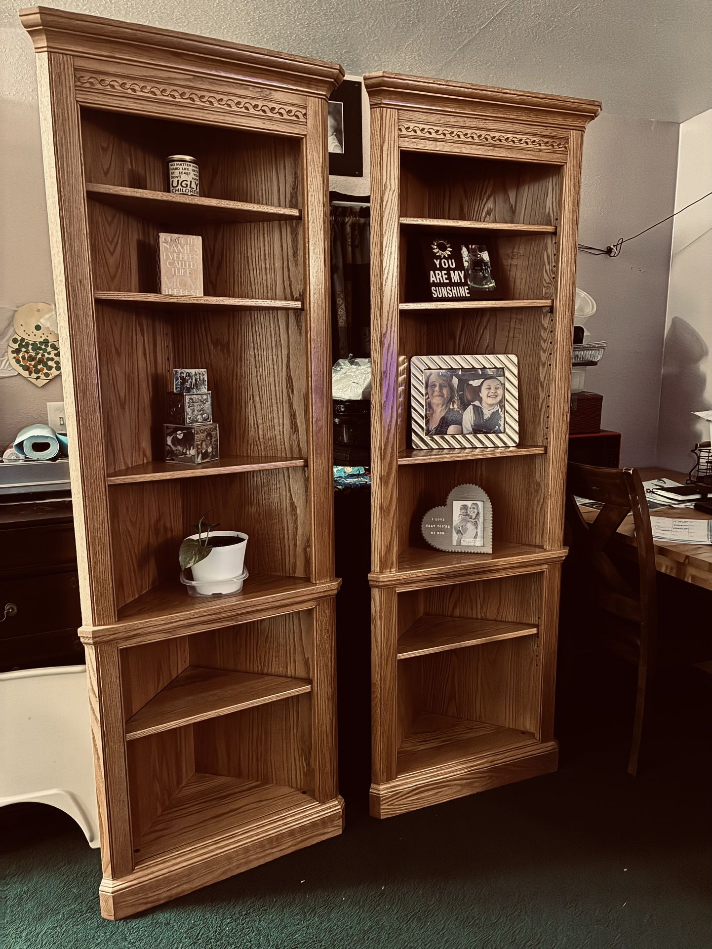 $$285 (firm price)-Beautiful matching very tall corner shelves (they are very heavy (but I still loaded them in my house all by myself today ) I think