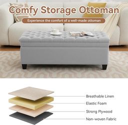 2235 $140 51" Fabric Storage Ottoman Bench, Upholstered Rectangle End of Bed Storage Ottoman Tufted Living Room Bedroom Bench with Safety Hinge, Soli