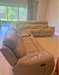 Cream Leather Reclining Sectional Sofa