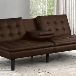 Brand New Brown Leather Futon Sofa Sleeper w Cup Holders 