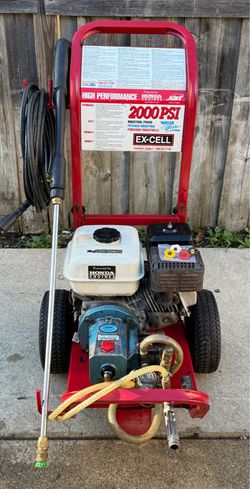 Honda 2000-series gasoline-powered pressure washer; it has a leak as shown in the video. Cash only.