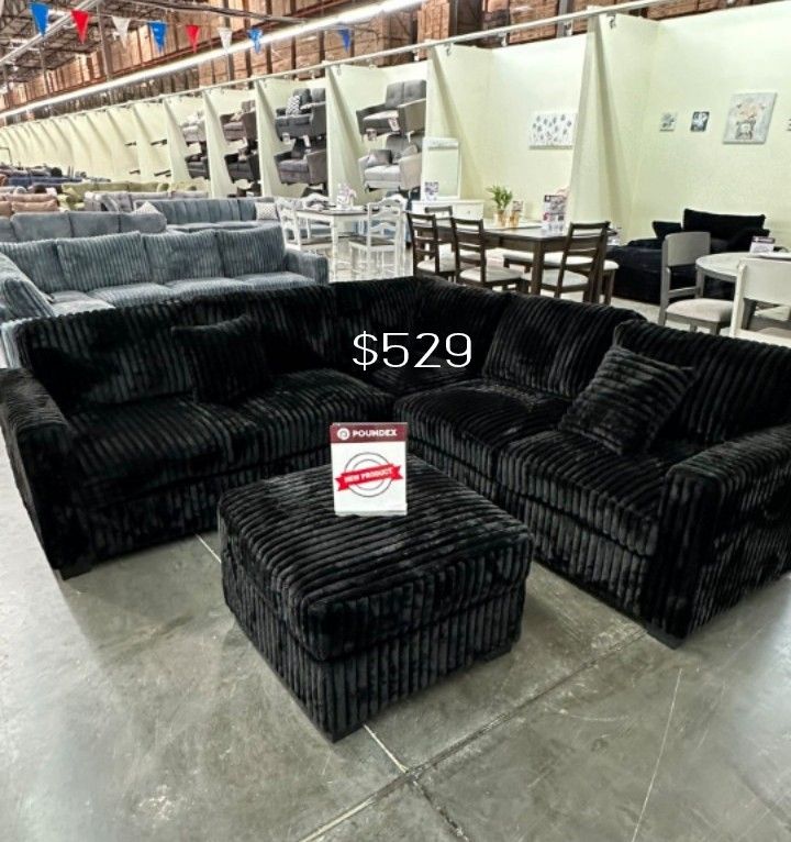 Stylish Black Sectional Sofa With Ottoman Black Fur-Like Corduroy Fabric Material New