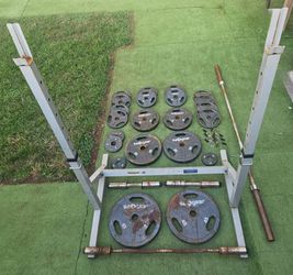 Squat rack,bench, bars,clips,plates,adding a Power Tower & calf raise machine!!!!