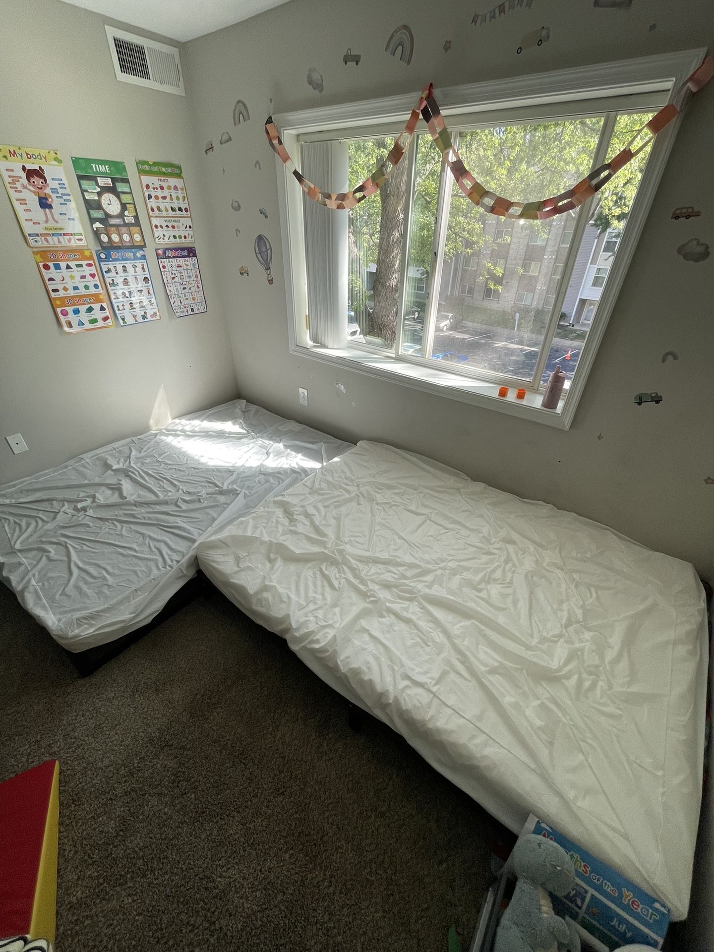 2 Low Full Sized Bed Frames With Wrapped Mattresses