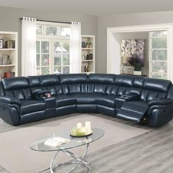 Brand New Navy Blue Leather Reclining Sectional Sofa 