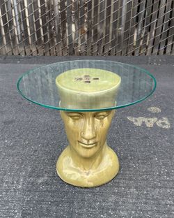 Vintage Sculptural Ceramic Head Side Table with Round Glass Top | Postmodern Accent Table