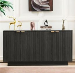 Dark Gray Assembled 63" Buffet / Sideboard  4 Doors Fluted Modern With Black Handles