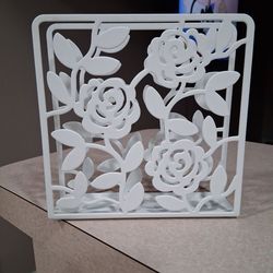 White metal floral napkin holder