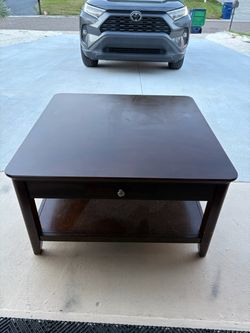 Large Square Dark Brown Wooden Coffee Table with Drawers and Shelves