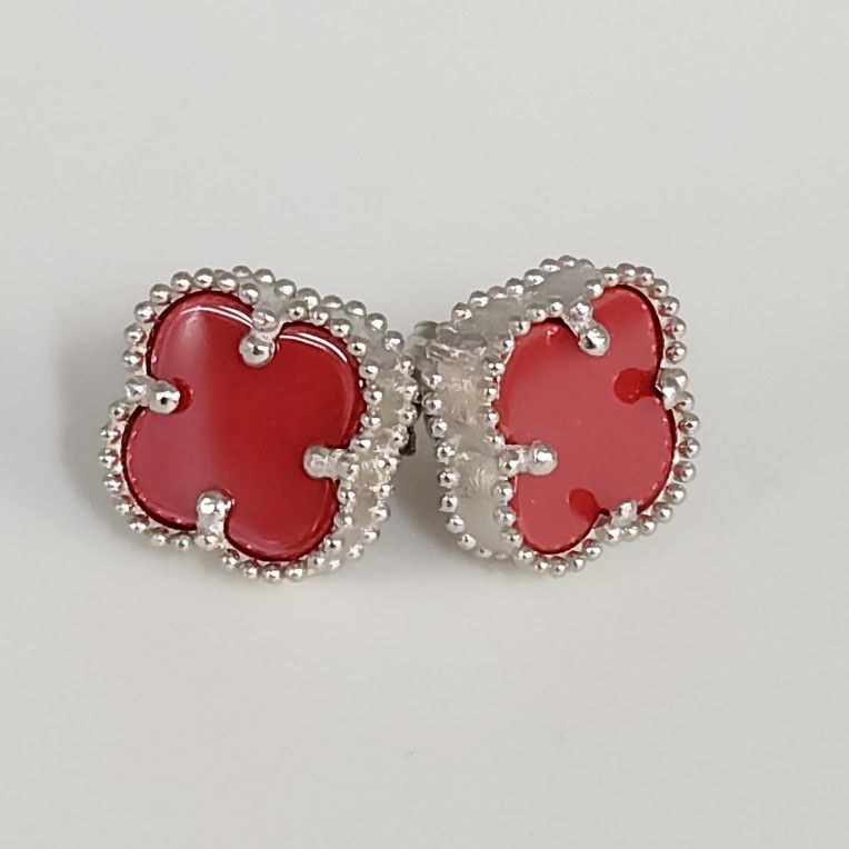 Fashion Silver Red Floral Stud Earrings