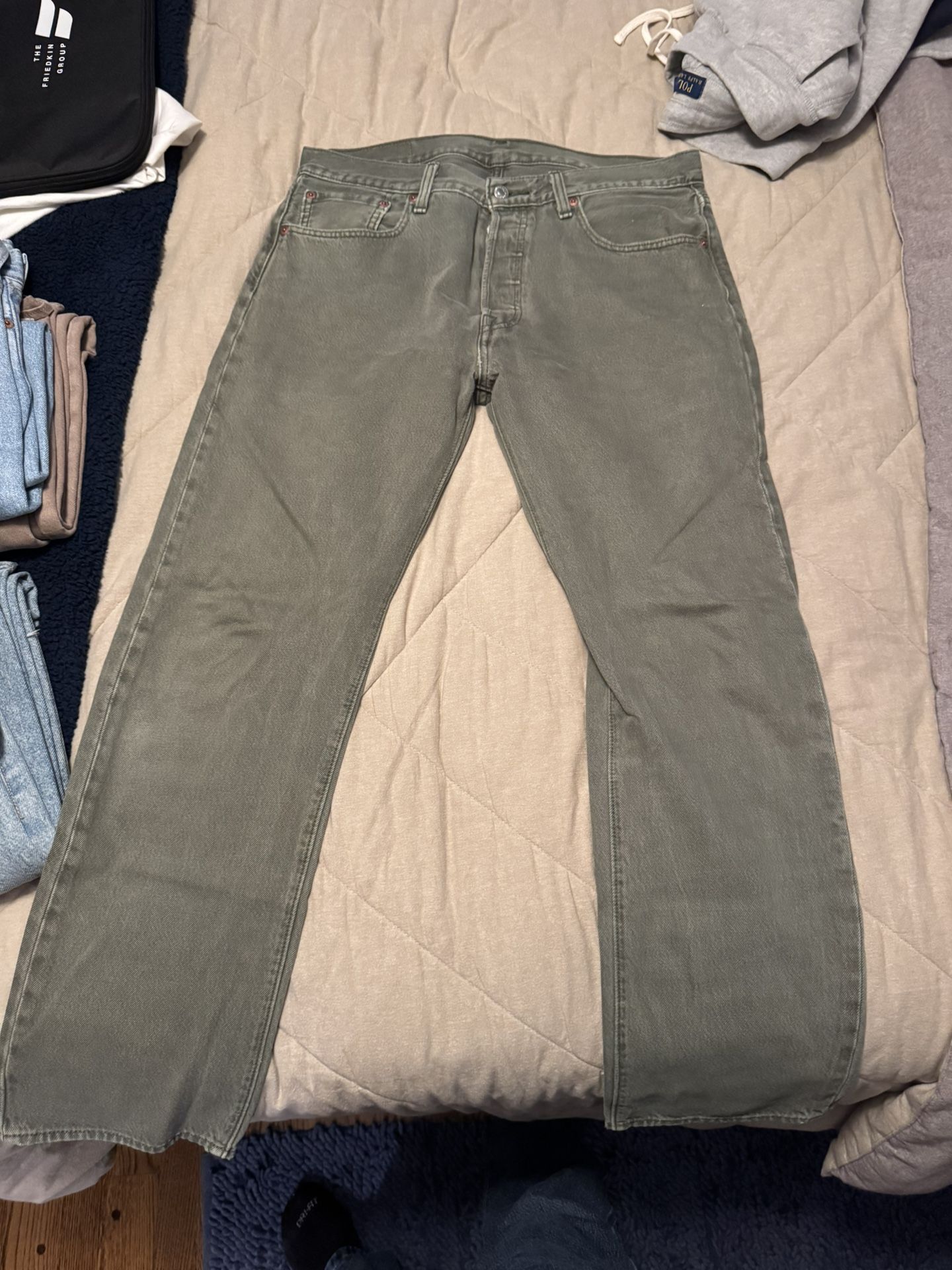 32 by 30 Levi 501 Washed Olive Green Jeans