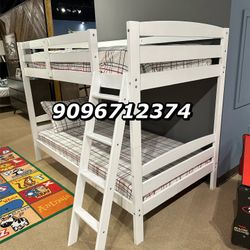 Twin Twin Size White Bunkbed With Orthopedic Mattress Included 