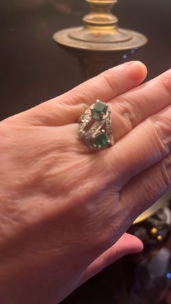 Art Deco 14 K White Gold Diamond Emerald Ring RARE FIND