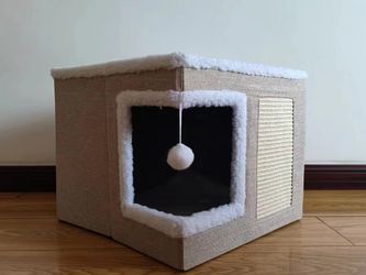 Cat Bed for Indoor Cats Cube House, Covered Cat Cave Beds & Furniture with Scratch Pad and Hideaway Tent, Cute Modern Cat Condo for Multi Small Pet La