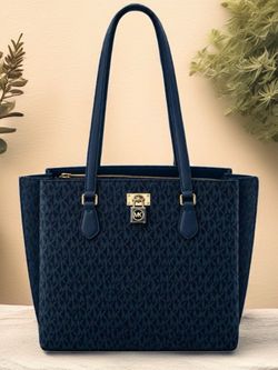 Authentic Michael Kors Mercer Signature MK Center-Zip Tote – Navy Blue / Gold Hardware (Brand New with Original Packaging)