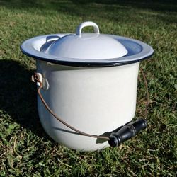Vintage Enamel Ware Chamber Pot Bucket /With Lid & Wood Handle....asking $40.00
