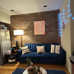 Blue Velvet Couch With Pillows In Amazing Condition - Becomes A Full Size Futon
