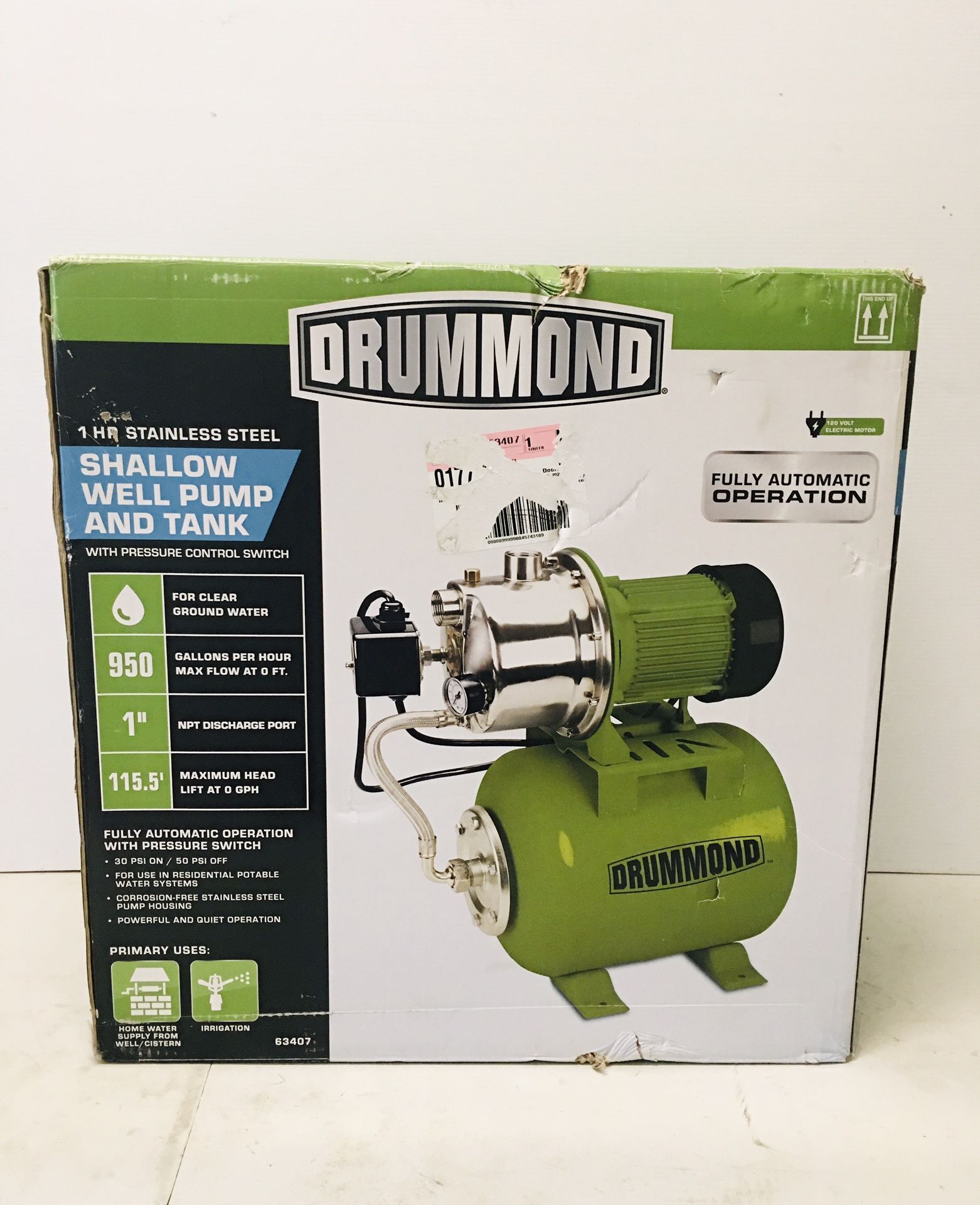 Drummond Shallow Well Pump And Tank 1HP Stainless Steel Automatic Operation w/ Pressure Switch