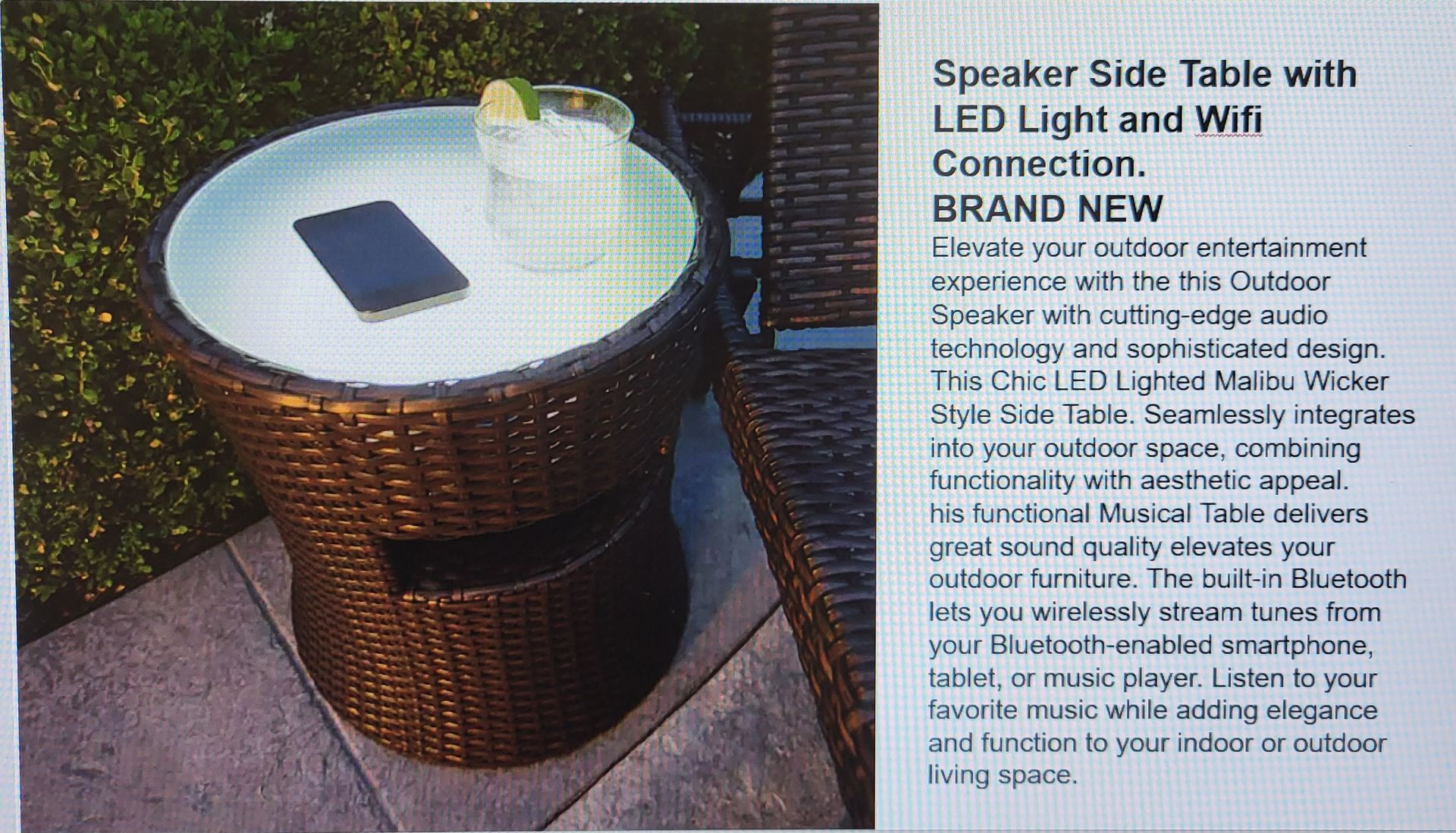 Outdoor Speaker Table with LED Light and WiFi speaker built inside