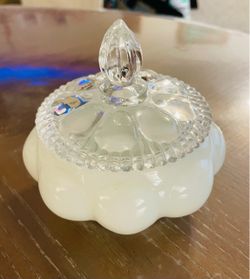 Vintage milk glass/crystal Fenton silver crest puff jar with lid