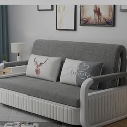 Modern Light Gray Convertible Sleeper Sofa Cotton & Linen Upholstery with Storage 