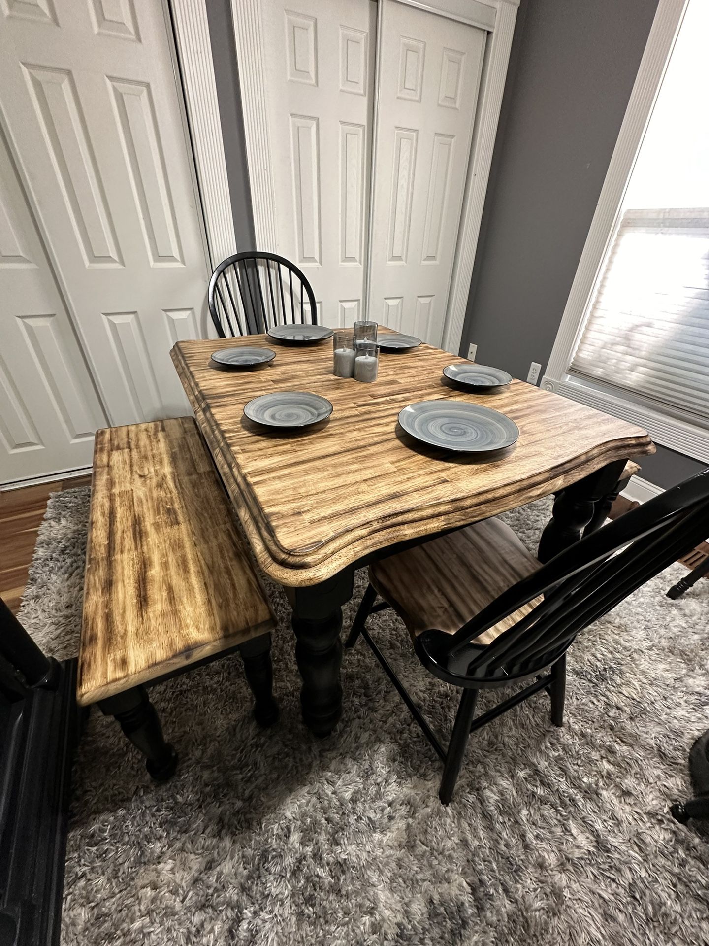Burned Wood Dining Table with Leaf, 2  Chairs and 2 Benches Refinished- Read Description 