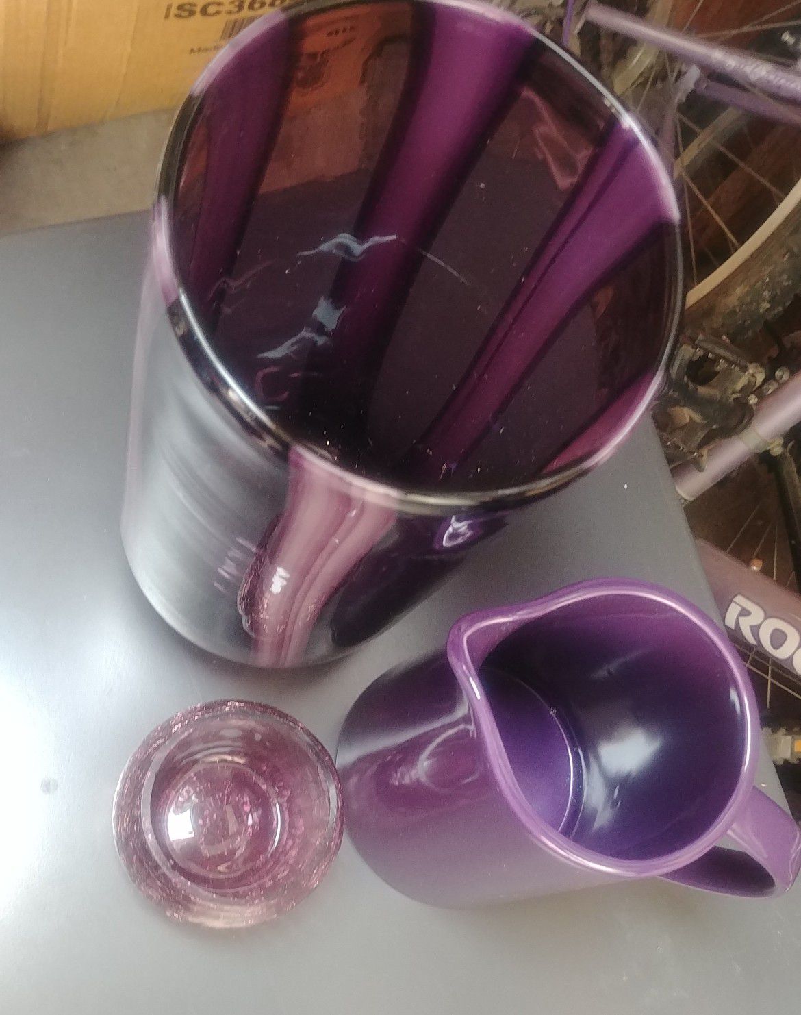 Set of 3 purple decorative vase, pitcher & votive