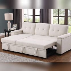 Pull out sofa  84.5"W Beige Woven Fabric Reversible Sleeper Sectional Sofa with Storage Chaise couch