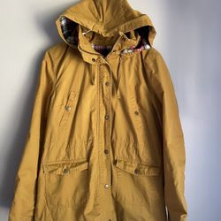 Women’s Size Large Mustard Plaid Lined Hooded Autumn Fall Jacket Camping Hiking Everyday 